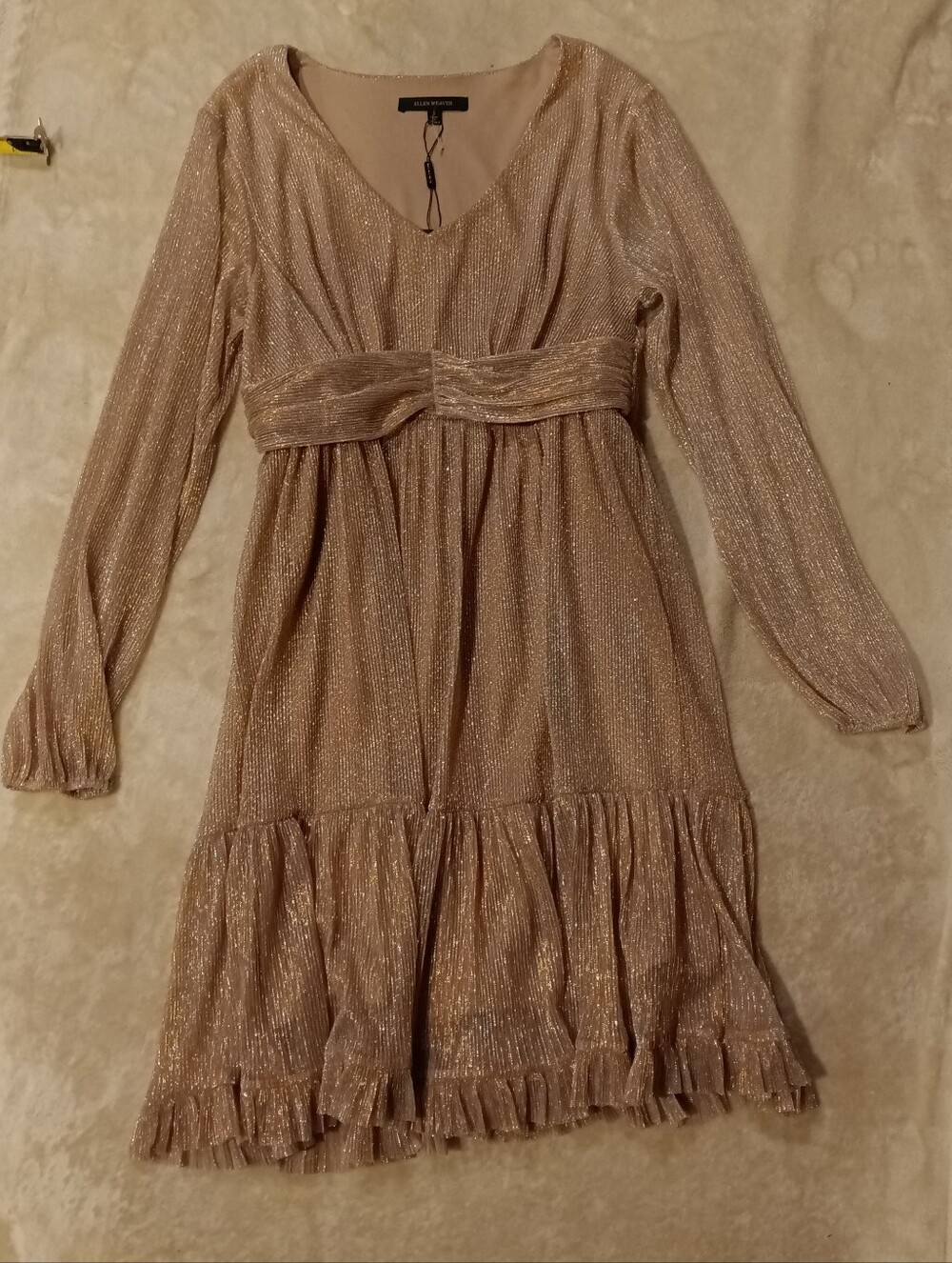 Ellen Weaver NWT  Metallic Shimmer Rose Gold Tiered Long-Sleeve Dress Sz S